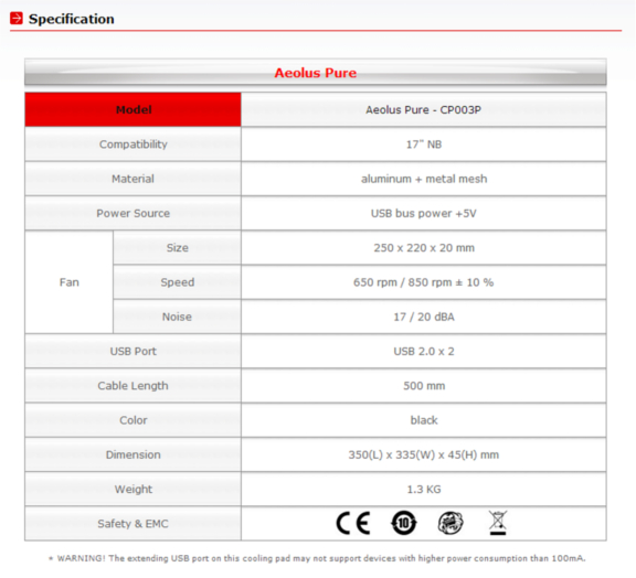 Specs from web