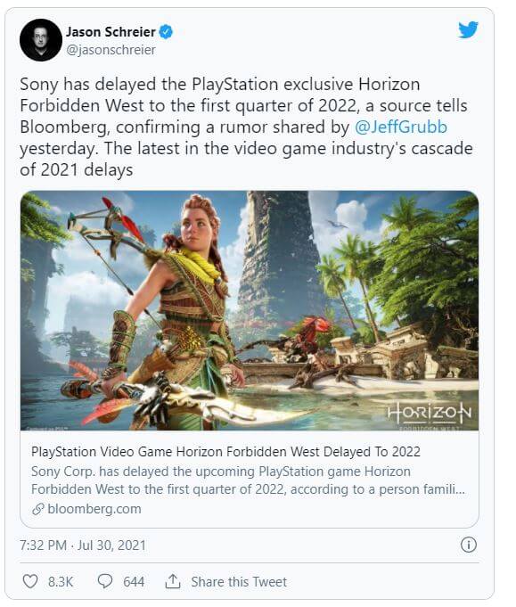 PlayStation Video Game Horizon Forbidden West Delayed To 2022 - Bloomberg